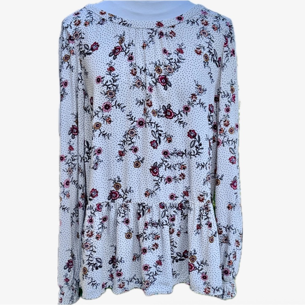LOFT White Floral Blouse with Pink and Red Accents